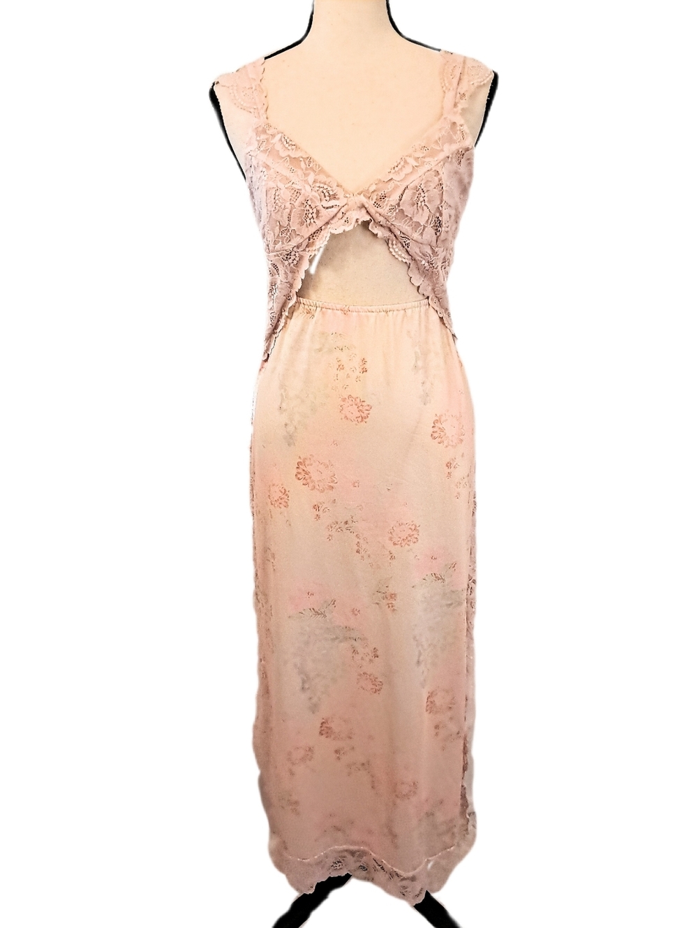 Vtg 70s Pink Lace Floral Cutout Maxi Nightgown Negligee Coquette Slit Dress S